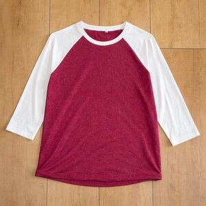 Burgundy & White Raglan Baseball Tee – Size L – Classic Casual